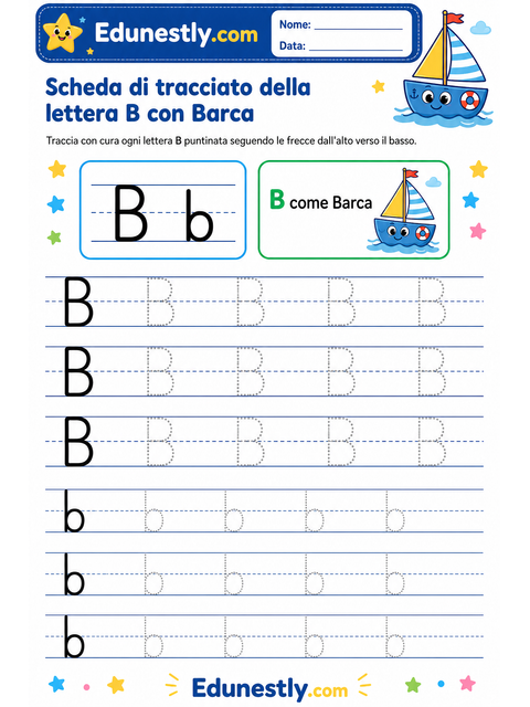 Scheda di tracciato della lettera B con Barca