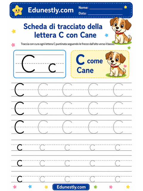Scheda di tracciato della lettera C con Cane
