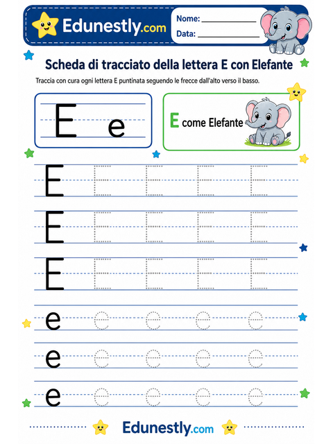Scheda di tracciato della lettera E con Elefante