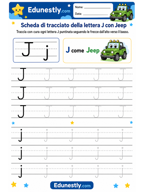 Scheda di tracciato della lettera J con Jeep
