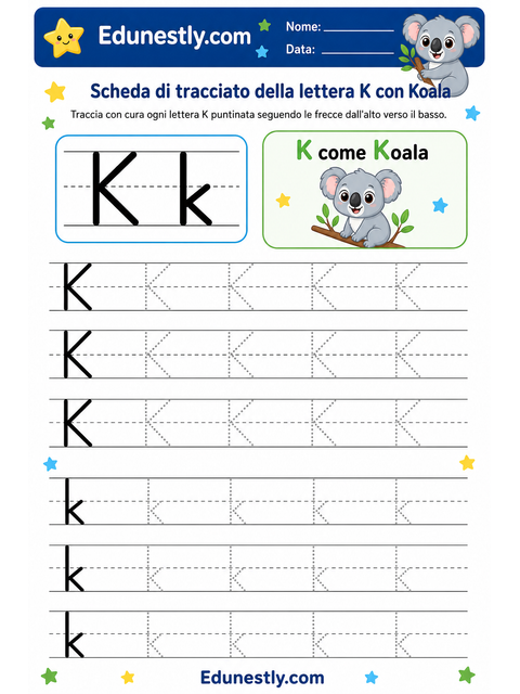 Scheda di tracciato della lettera K con Koala