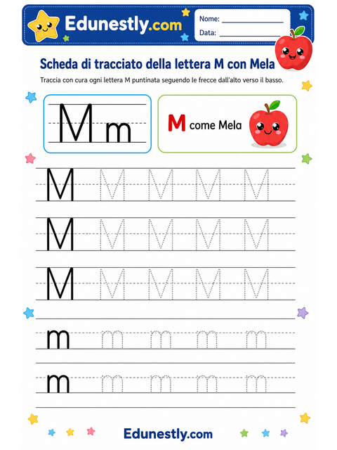 Scheda di tracciato della lettera M con Mela