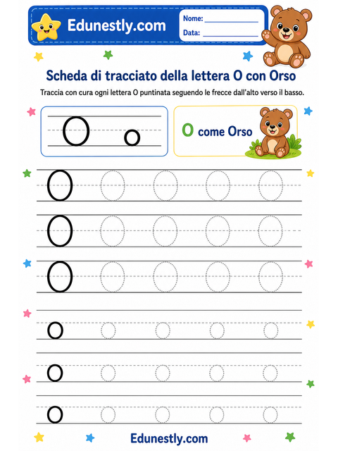 Scheda di tracciato della lettera O con Orso