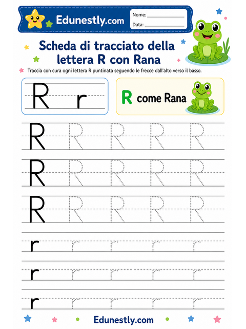 Scheda di tracciato della lettera R con Rana