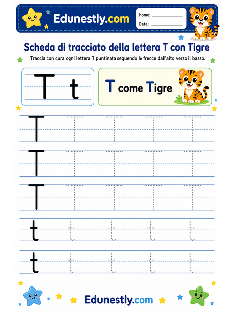 Scheda di tracciato della lettera T con Tigre