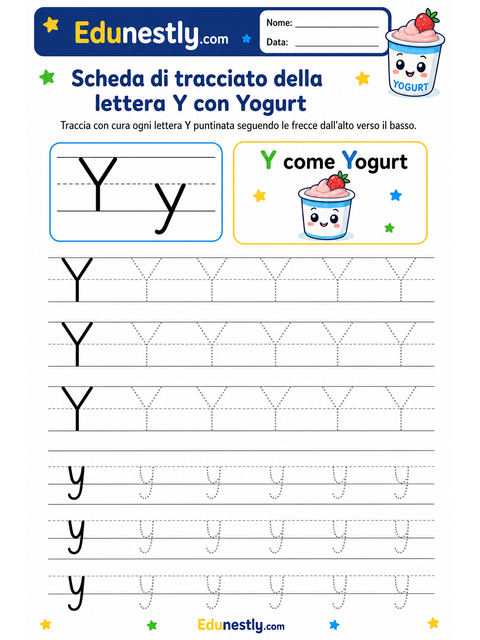 Scheda di tracciato della lettera Y con Yogurt