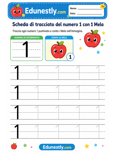 Scheda di tracciato del numero 1 con 1 Mela