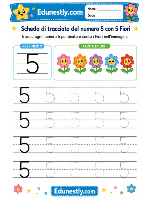 Scheda di tracciato del numero 5 con 5 Fiori