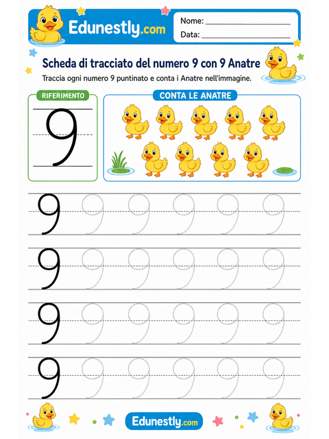 Scheda di tracciato del numero 9 con 9 Anatre