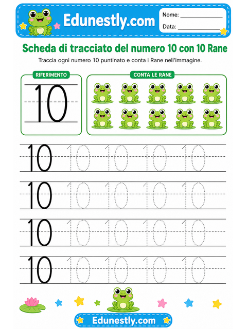 Scheda di tracciato del numero 10 con 10 Rane