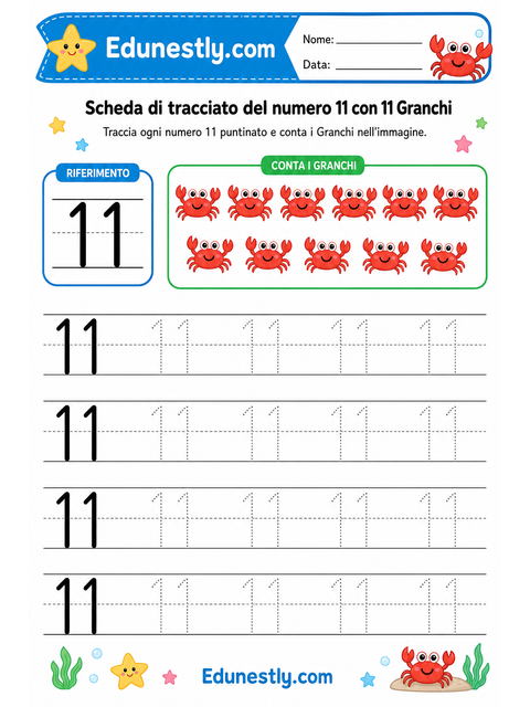 Scheda di tracciato del numero 11 con 11 Granchi