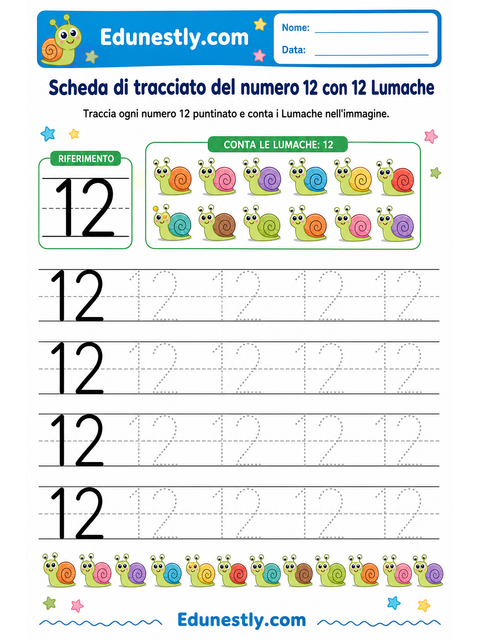 Scheda di tracciato del numero 12 con 12 Lumache