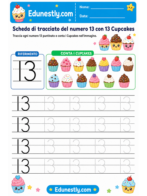 Scheda di tracciato del numero 13 con 13 Cupcakes
