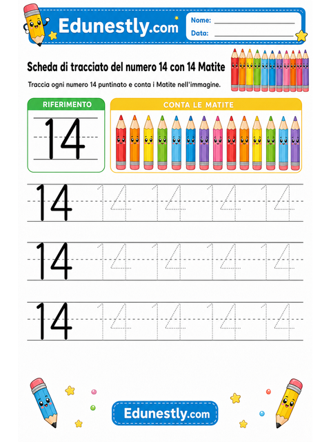 Scheda di tracciato del numero 14 con 14 Matite