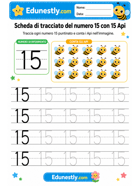 Scheda di tracciato del numero 15 con 15 Api