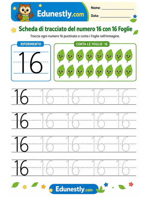 Scheda di tracciato del numero 16 con 16 Foglie