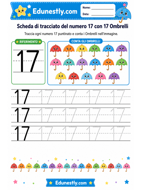 Scheda di tracciato del numero 17 con 17 Ombrelli