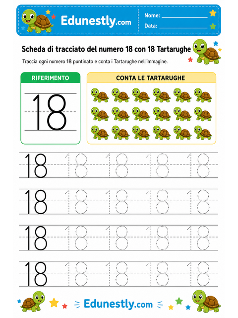 Scheda di tracciato del numero 18 con 18 Tartarughe