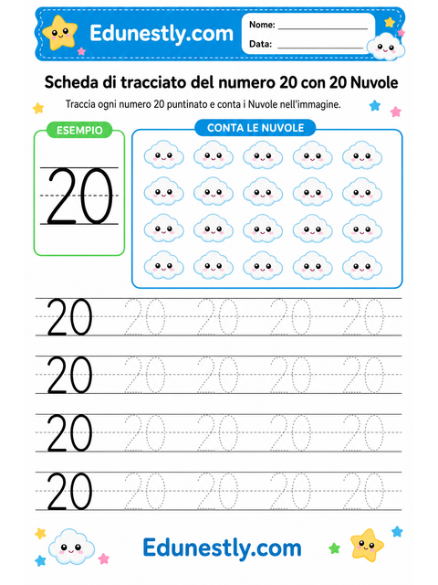 Scheda di tracciato del numero 20 con 20 Nuvole