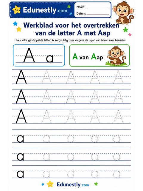 Werkblad voor het overtrekken van de letter A met Aap