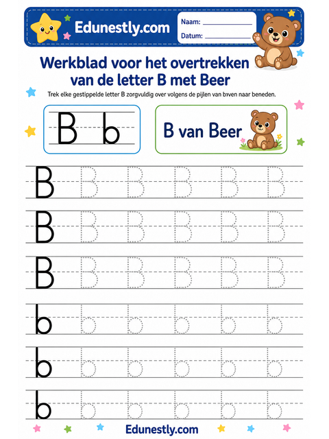 Werkblad voor het overtrekken van de letter B met Beer