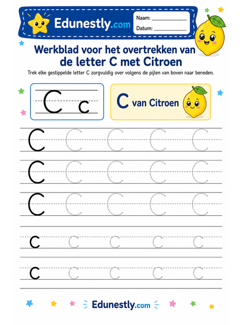 Werkblad voor het overtrekken van de letter C met Citroen