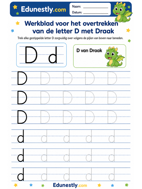 Werkblad voor het overtrekken van de letter D met Draak