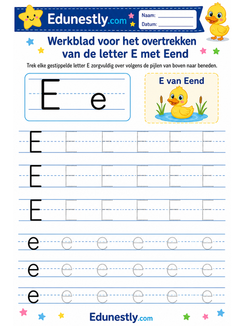 Werkblad voor het overtrekken van de letter E met Eend