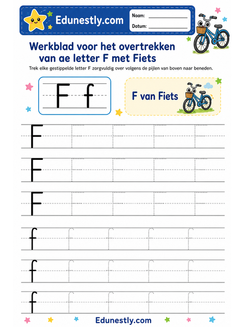 Werkblad voor het overtrekken van de letter F met Fiets