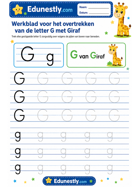 Werkblad voor het overtrekken van de letter G met Giraf