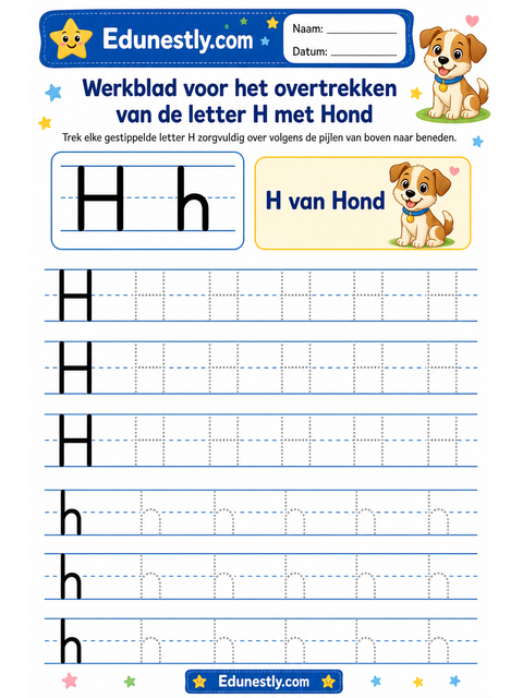 Werkblad voor het overtrekken van de letter H met Hond