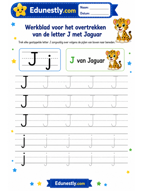 Werkblad voor het overtrekken van de letter J met Jaguar