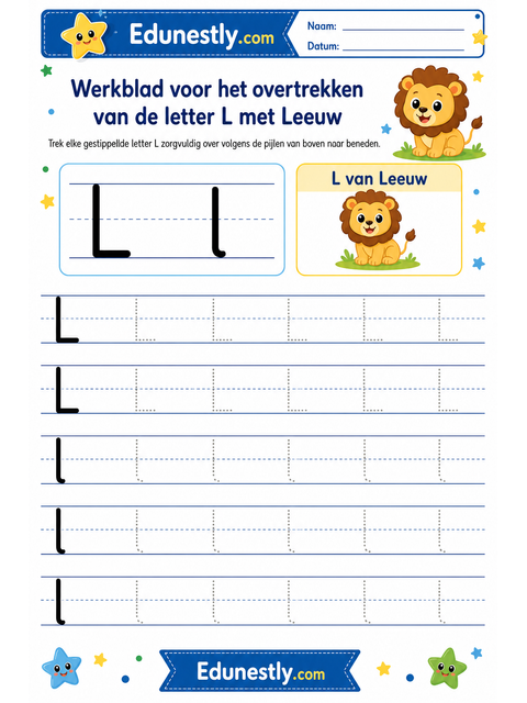 Werkblad voor het overtrekken van de letter L met Leeuw