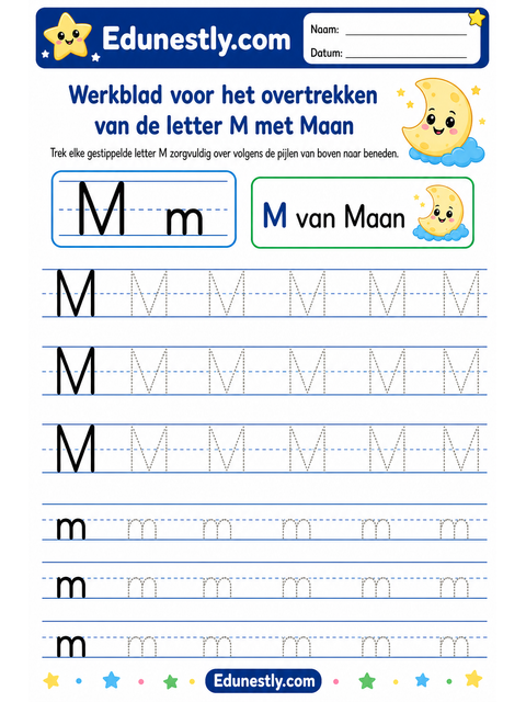 Werkblad voor het overtrekken van de letter M met Maan