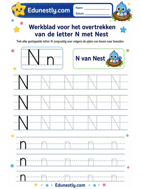 Werkblad voor het overtrekken van de letter N met Nest