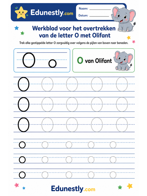 Werkblad voor het overtrekken van de letter O met Olifant