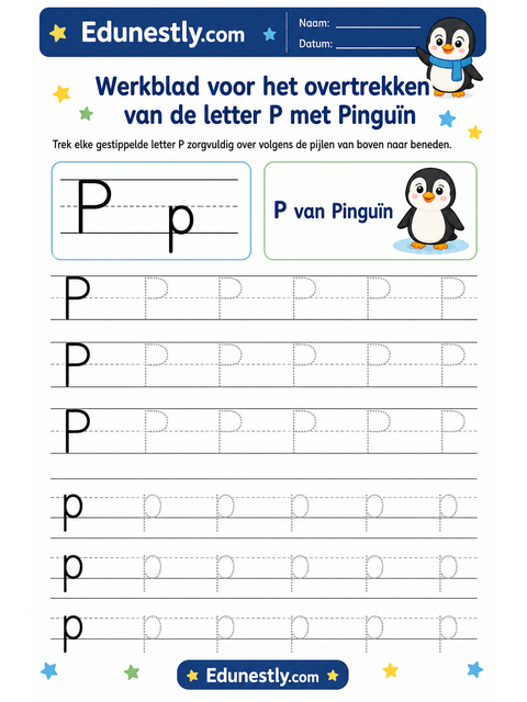 Werkblad voor het overtrekken van de letter P met Pinguïn