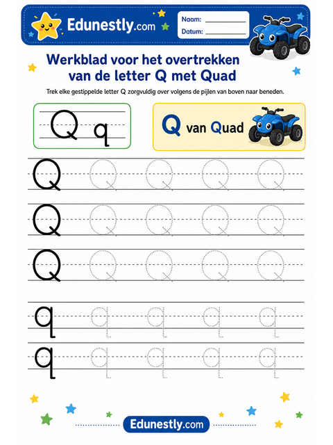 Werkblad voor het overtrekken van de letter Q met Quad