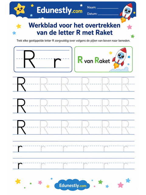 Werkblad voor het overtrekken van de letter R met Raket