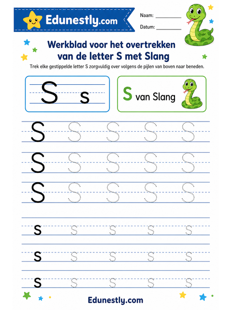 Werkblad voor het overtrekken van de letter S met Slang