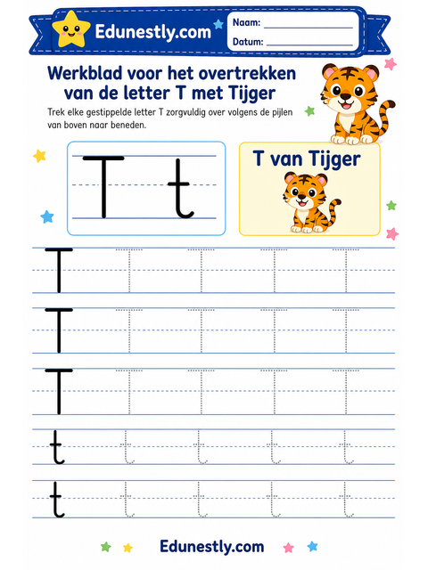 Werkblad voor het overtrekken van de letter T met Tijger