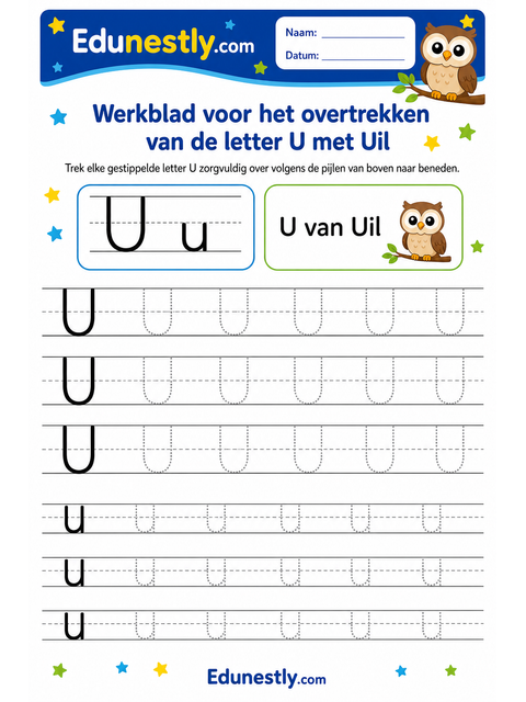 Werkblad voor het overtrekken van de letter U met Uil