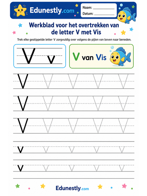 Werkblad voor het overtrekken van de letter V met Vis