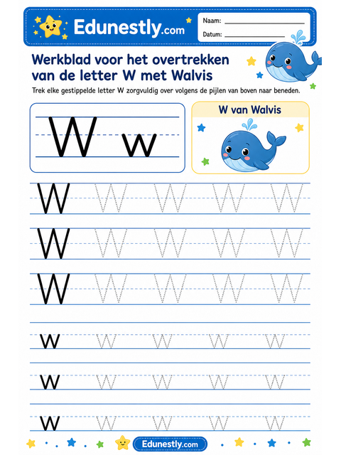 Werkblad voor het overtrekken van de letter W met Walvis