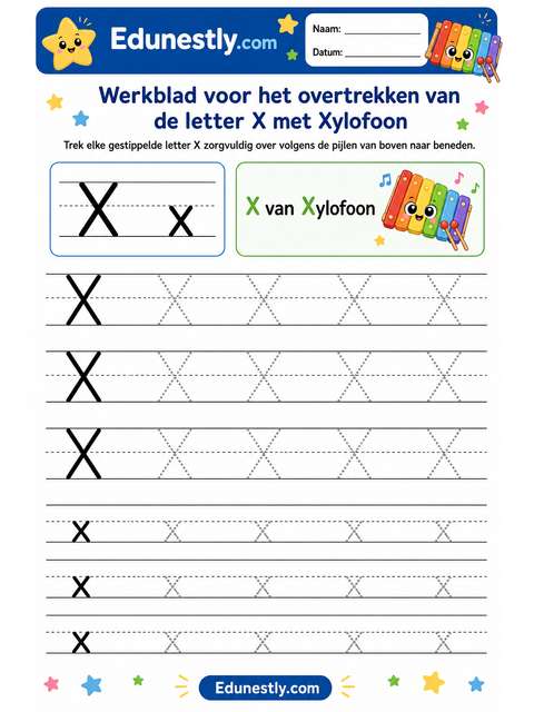 Werkblad voor het overtrekken van de letter X met Xylofoon