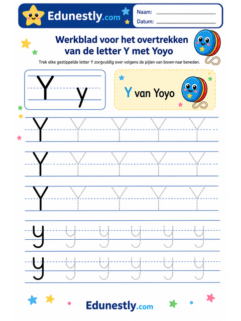 Werkblad voor het overtrekken van de letter Y met Yoyo