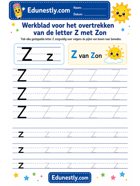 Werkblad voor het overtrekken van de letter Z met Zon