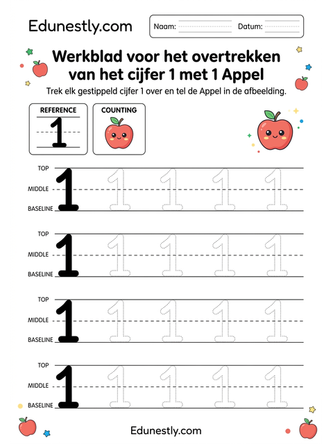Werkblad voor het overtrekken van het cijfer 1 met 1 Appel