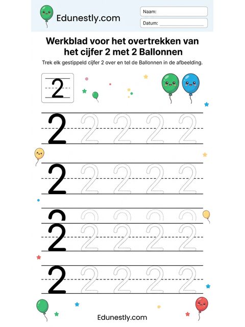 Werkblad voor het overtrekken van het cijfer 2 met 2 Ballonnen