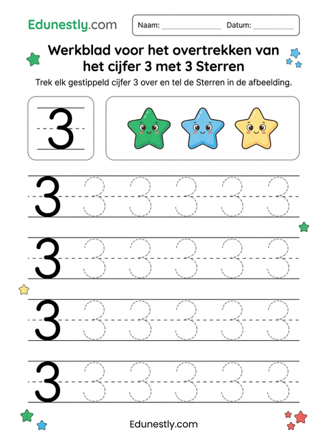 Werkblad voor het overtrekken van het cijfer 3 met 3 Sterren